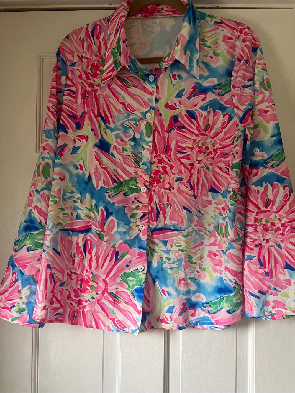 Vibrant Pink Floral Button-Down Blouse